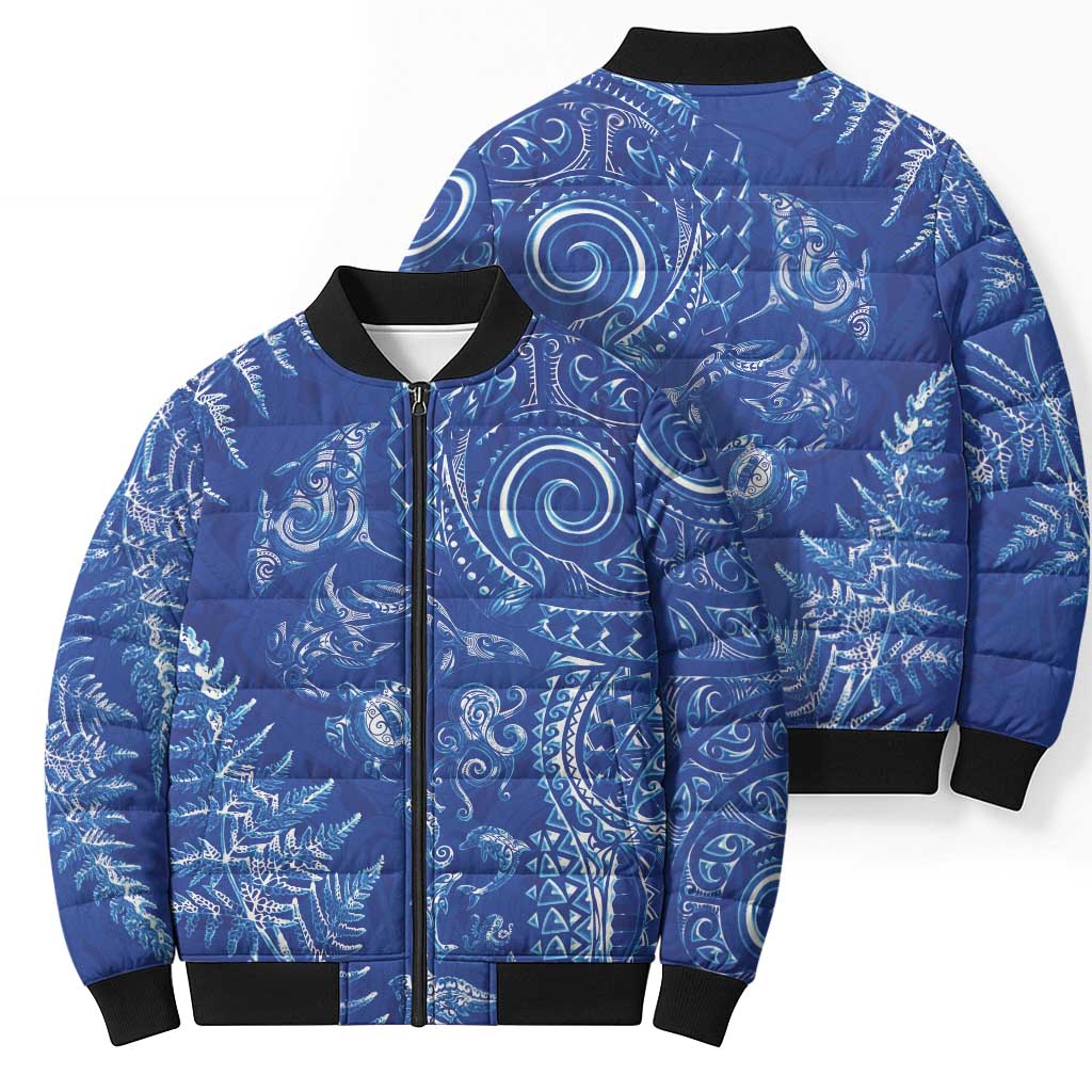 New Zealand Sea Animals Bomber Puffer Jacket with Maori Koru Tribal Tattoo and Silver Ferns Aquatic Style