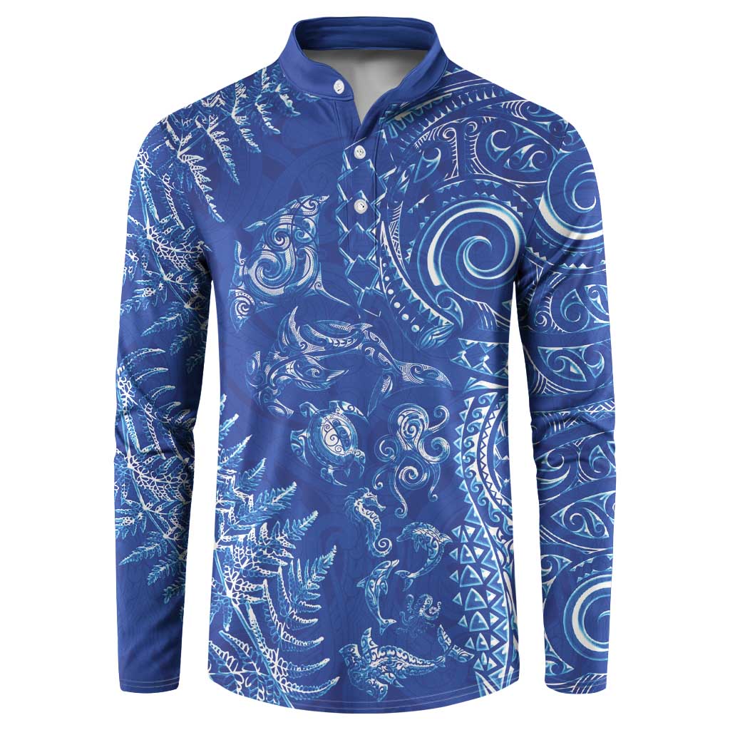 New Zealand Sea Animals Button Sweatshirt with Maori Koru Tribal Tattoo and Silver Ferns Aquatic Style