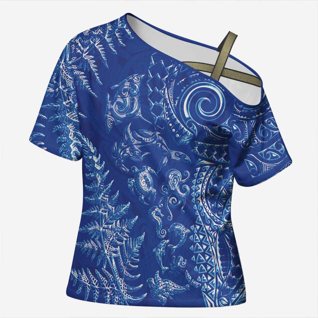 New Zealand Sea Animals Cross Shoulder Shirt with Maori Koru Tribal Tattoo and Silver Ferns Aquatic Style