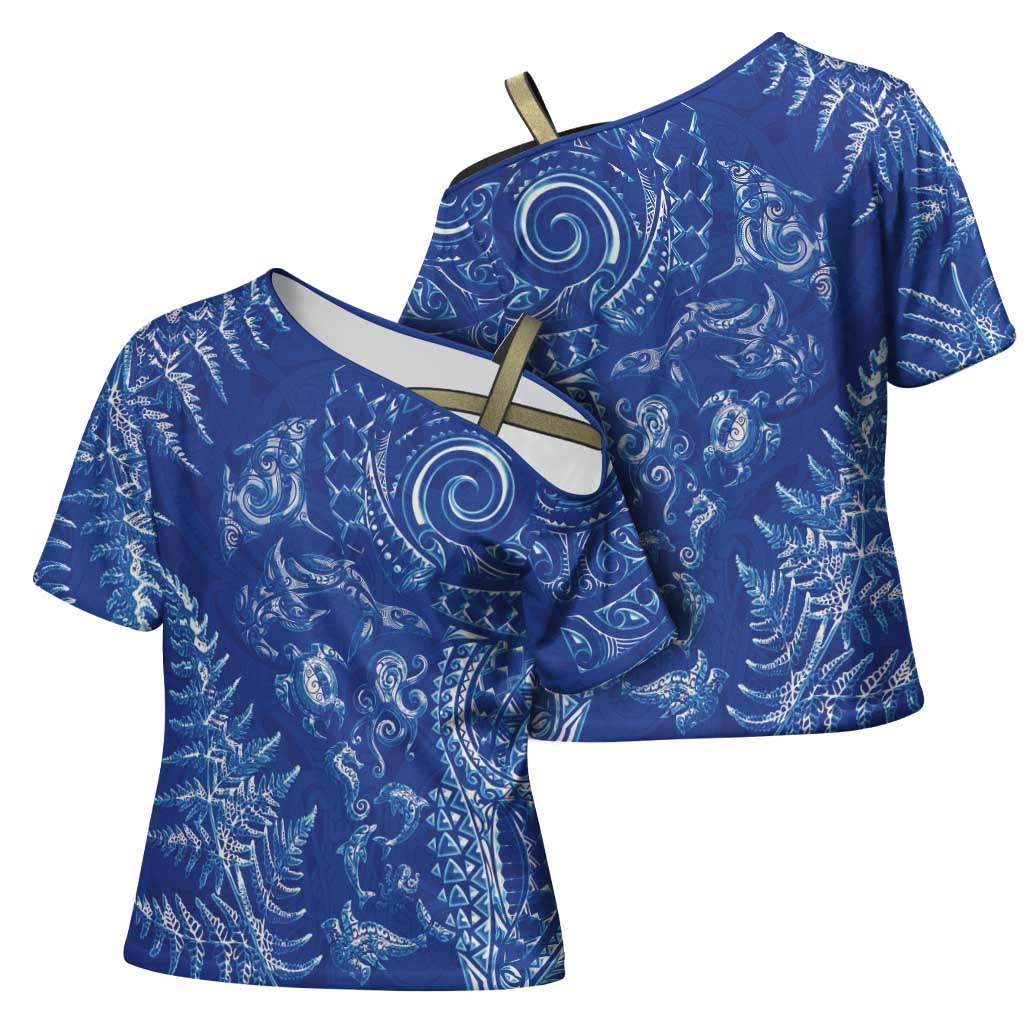 New Zealand Sea Animals Cross Shoulder Shirt with Maori Koru Tribal Tattoo and Silver Ferns Aquatic Style