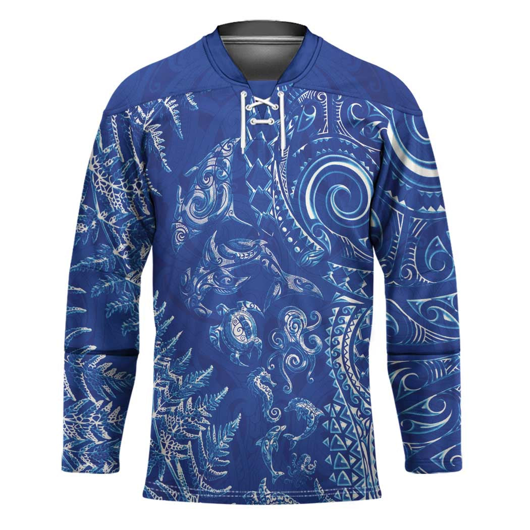 New Zealand Sea Animals Hockey Jersey with Maori Koru Tribal Tattoo and Silver Ferns Aquatic Style