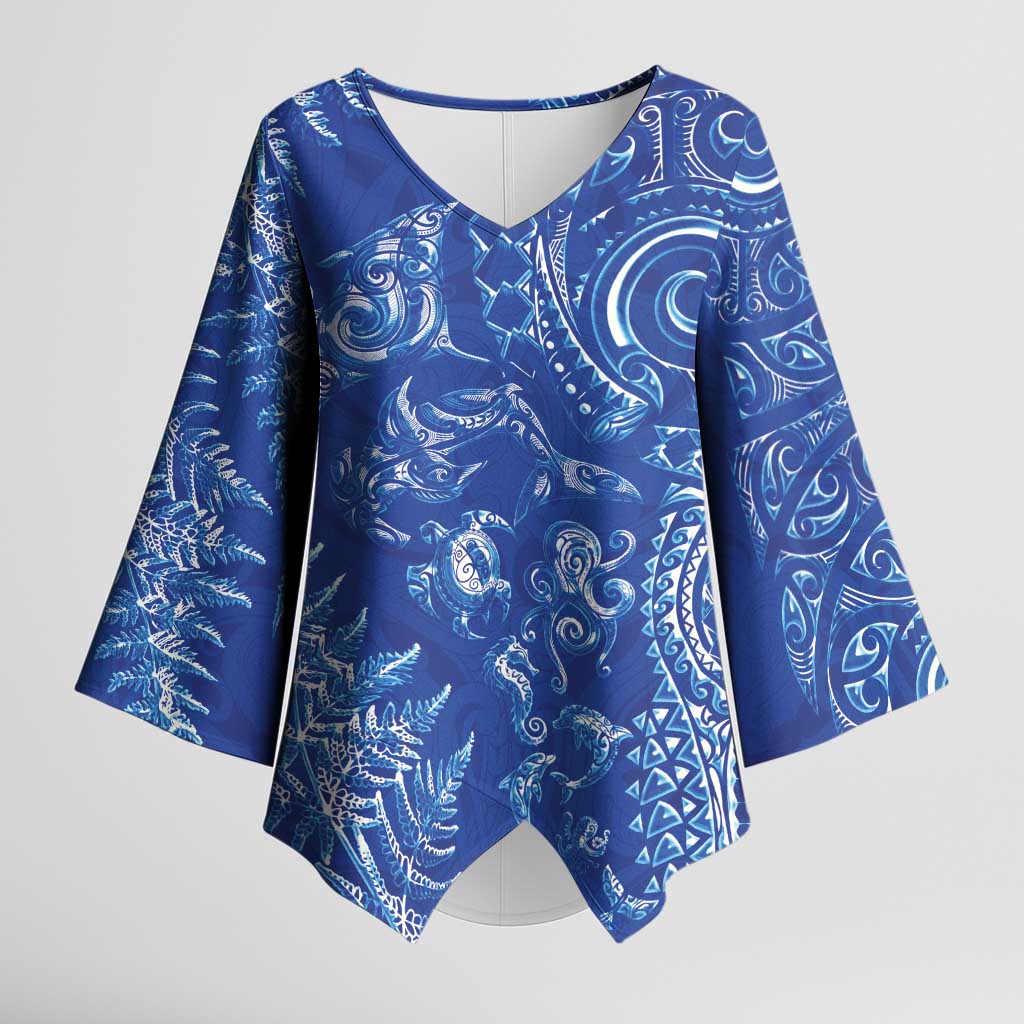 New Zealand Sea Animals Kimono Sleeve Blouse with Maori Koru Tribal Tattoo and Silver Ferns Aquatic Style