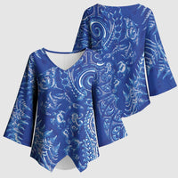 New Zealand Sea Animals Kimono Sleeve Blouse with Maori Koru Tribal Tattoo and Silver Ferns Aquatic Style