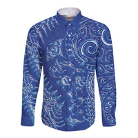 New Zealand Sea Animals Long Sleeve Button Shirt with Maori Koru Tribal Tattoo and Silver Ferns Aquatic Style