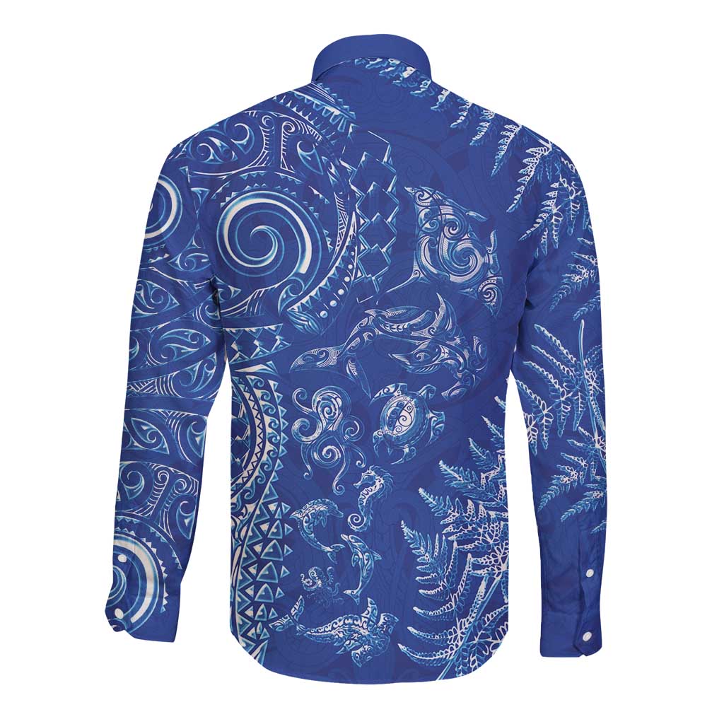 New Zealand Sea Animals Long Sleeve Button Shirt with Maori Koru Tribal Tattoo and Silver Ferns Aquatic Style