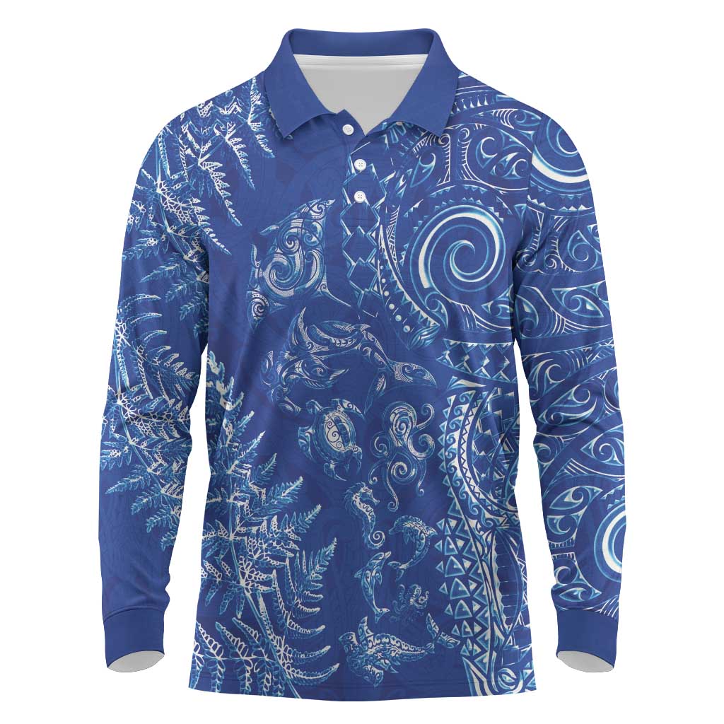 New Zealand Sea Animals Long Sleeve Polo Shirt with Maori Koru Tribal Tattoo and Silver Ferns Aquatic Style