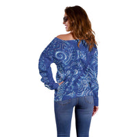 New Zealand Sea Animals Off Shoulder Sweater with Maori Koru Tribal Tattoo and Silver Ferns Aquatic Style