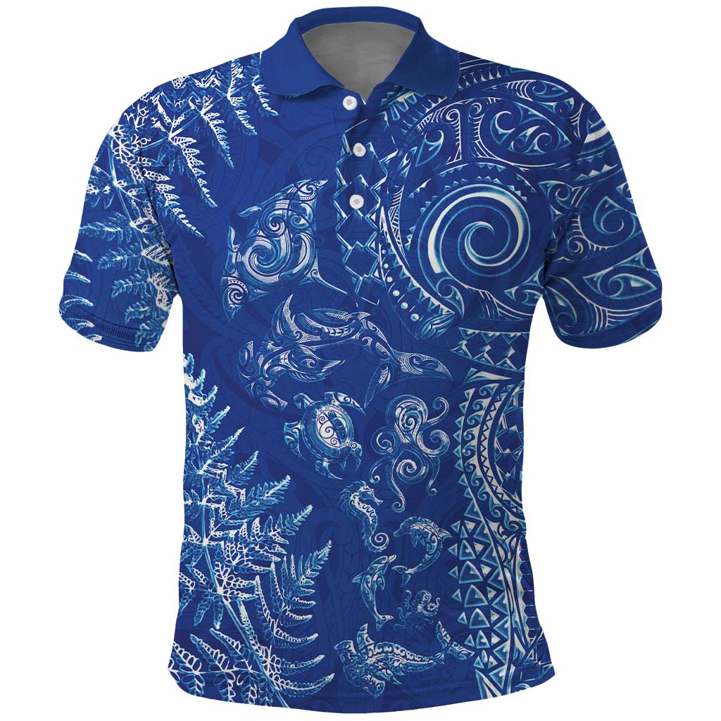 New Zealand Sea Animals Polo Shirt with Maori Koru Tribal Tattoo and Silver Ferns Aquatic Style LT03 Navy - Polynesian Pride