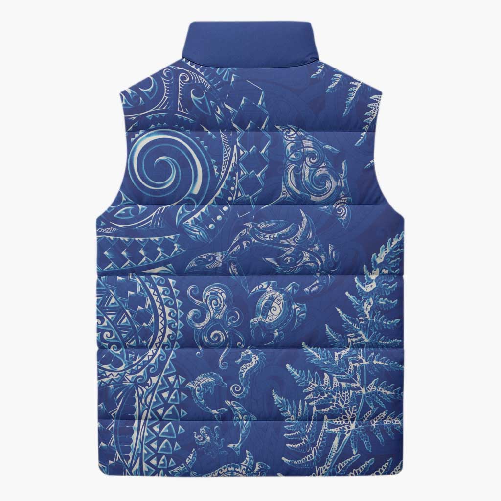 New Zealand Sea Animals Sleeveless Puffer Jacket with Maori Koru Tribal Tattoo and Silver Ferns Aquatic Style