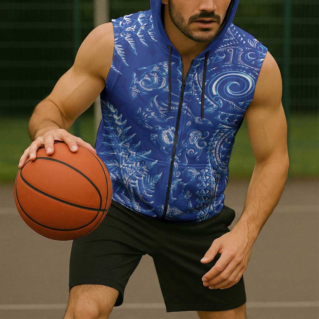 New Zealand Sea Animals Sleeveless Zip Hoodie with Maori Koru Tribal Tattoo and Silver Ferns Aquatic Style