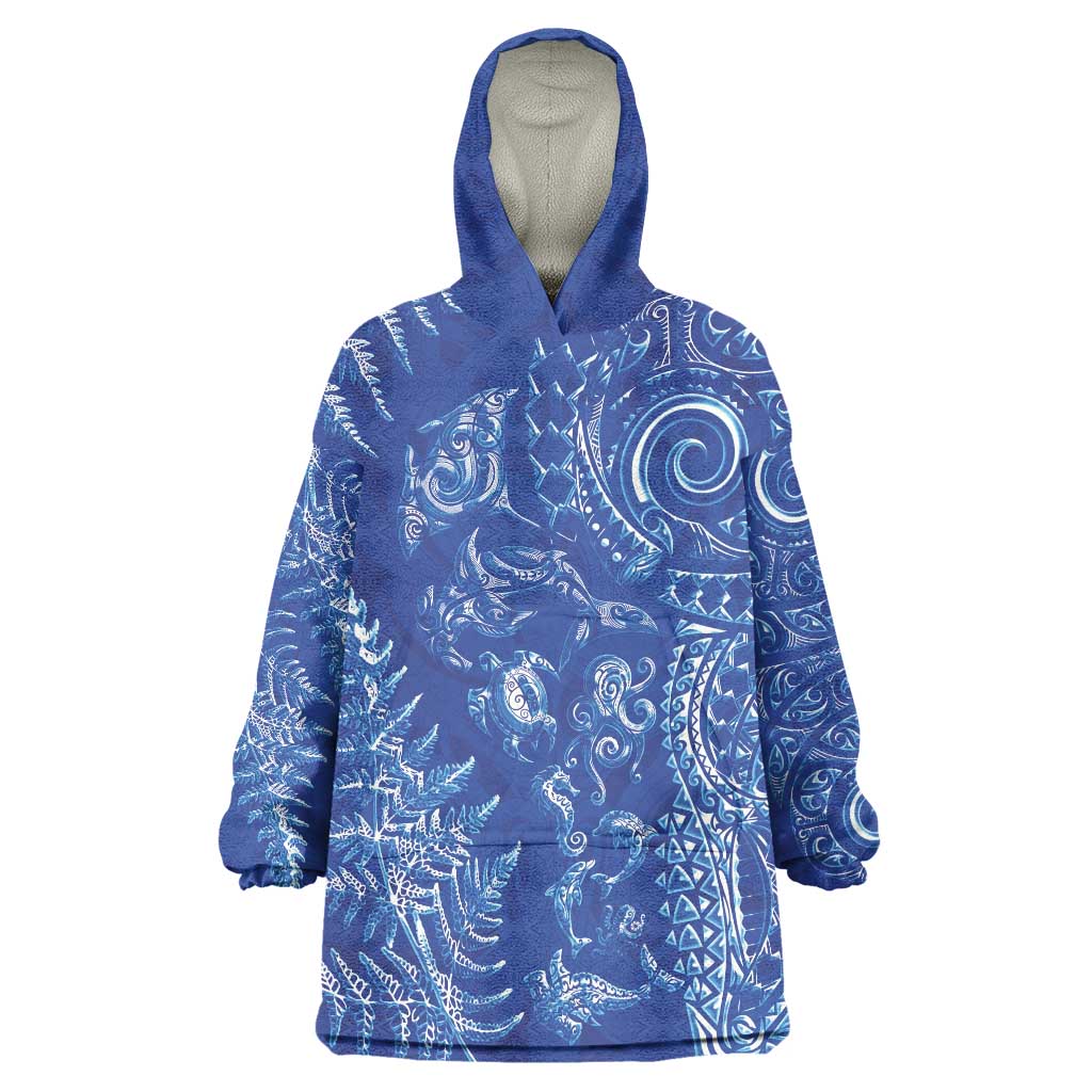 New Zealand Sea Animals Wearable Blanket Hoodie with Maori Koru Tribal Tattoo and Silver Ferns Aquatic Style LT03 One Size Navy - Polynesian Pride