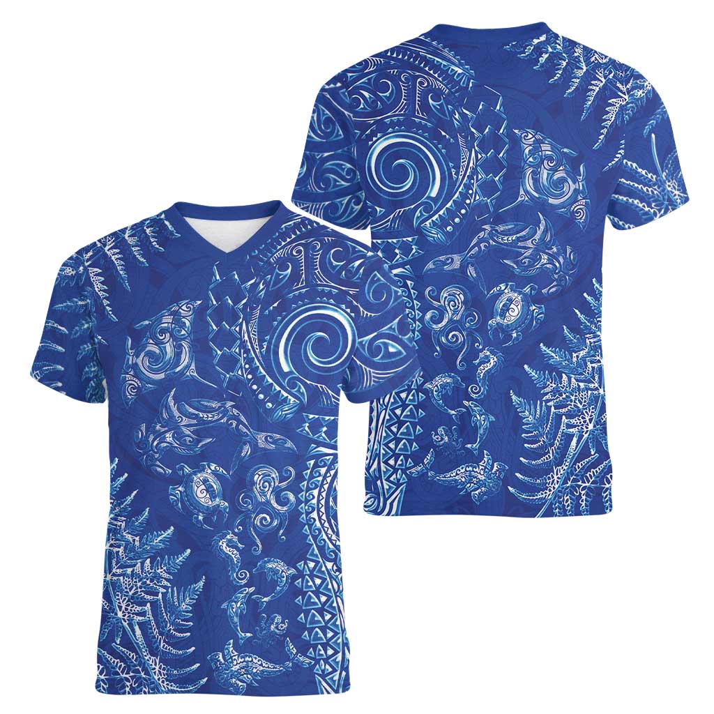 New Zealand Sea Animals Women V-Neck T-Shirt with Maori Koru Tribal Tattoo and Silver Ferns Aquatic Style