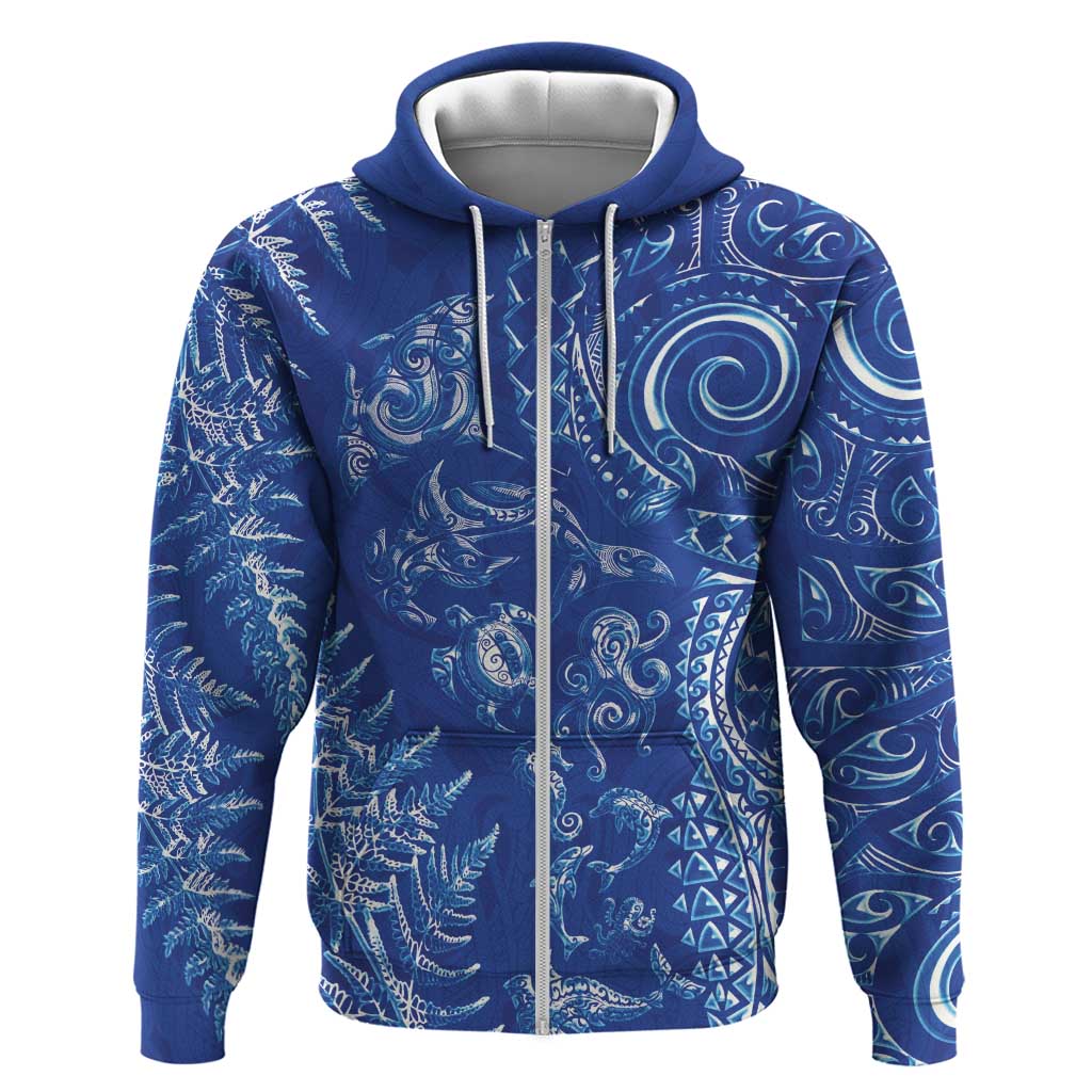 New Zealand Sea Animals Zip Hoodie with Maori Koru Tribal Tattoo and Silver Ferns Aquatic Style LT03 Zip Hoodie Navy - Polynesian Pride