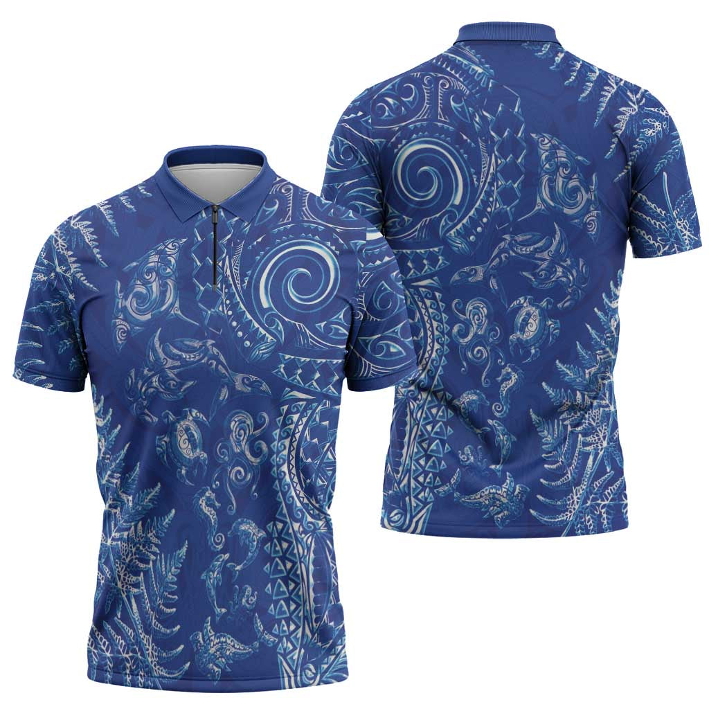 New Zealand Sea Animals Zipper Polo Shirt with Maori Koru Tribal Tattoo and Silver Ferns Aquatic Style