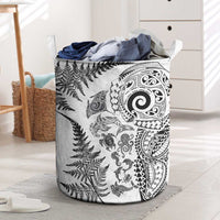New Zealand Sea Animals Laundry Basket with Maori Koru Tribal Tattoo and Silver Ferns White Color
