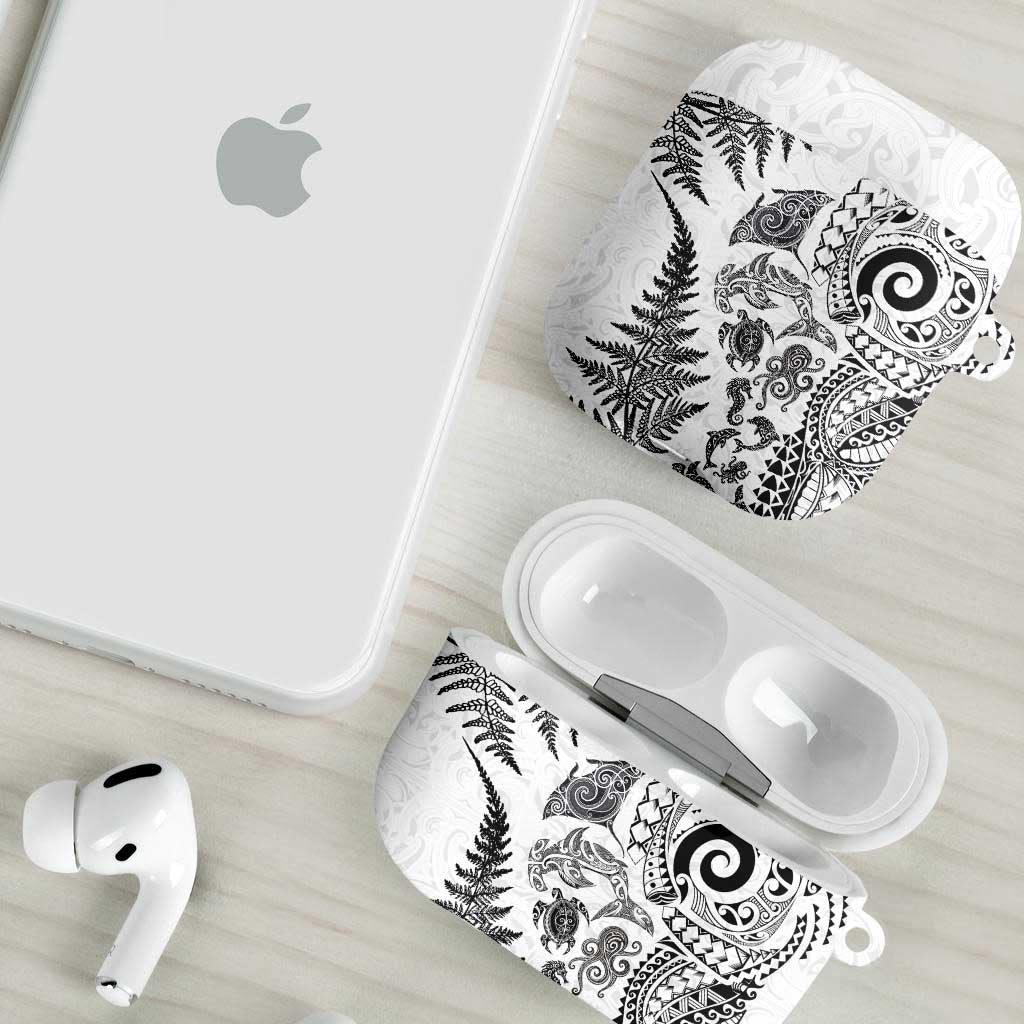 New Zealand Sea Animals AirPods Case with Maori Koru Tribal Tattoo and Silver Ferns White Color