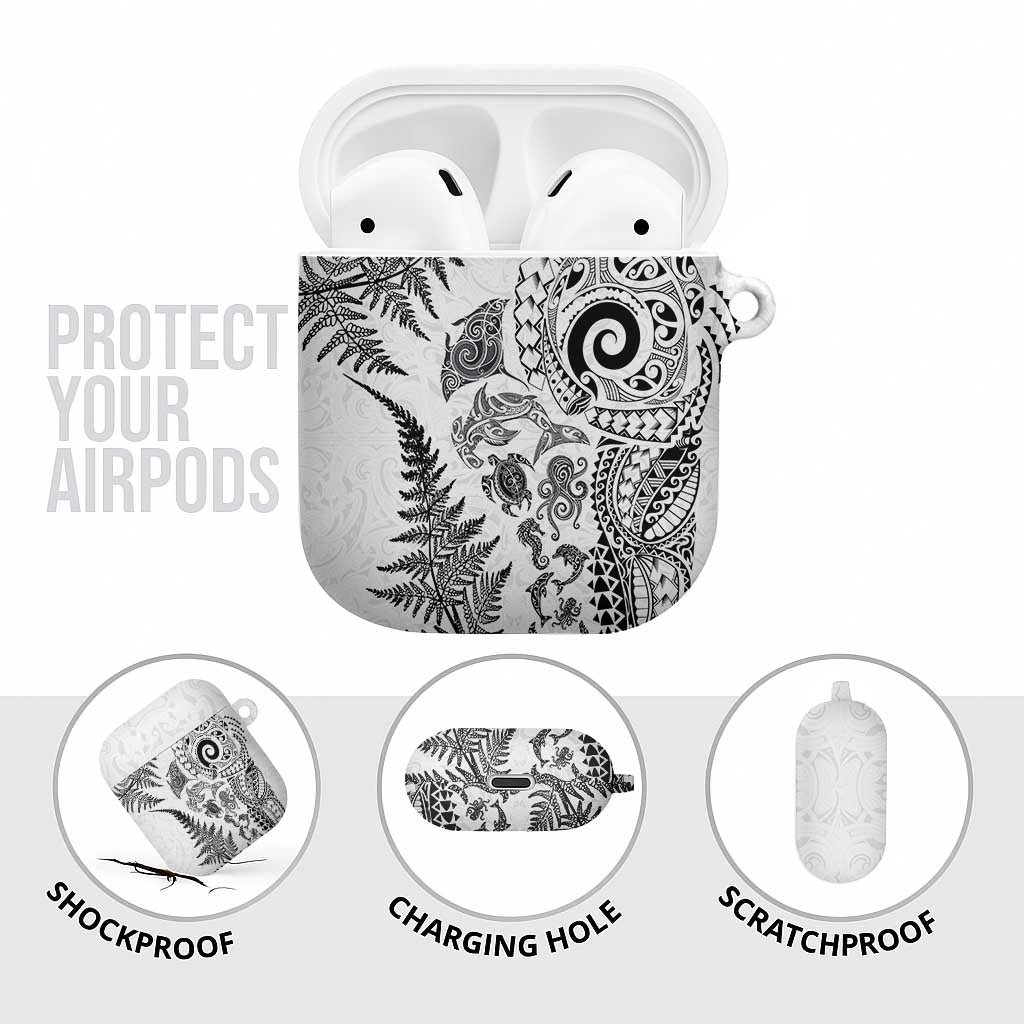New Zealand Sea Animals AirPods Case with Maori Koru Tribal Tattoo and Silver Ferns White Color