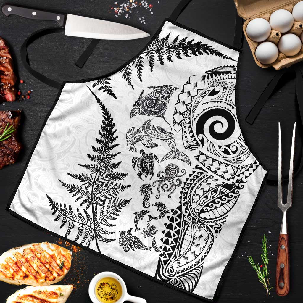 New Zealand Sea Animals Apron with Maori Koru Tribal Tattoo and Silver Ferns White Color