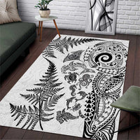 New Zealand Sea Animals Area Rug with Maori Koru Tribal Tattoo and Silver Ferns White Color