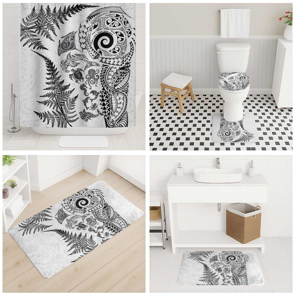 New Zealand Sea Animals Bathroom Set with Maori Koru Tribal Tattoo and Silver Ferns White Color
