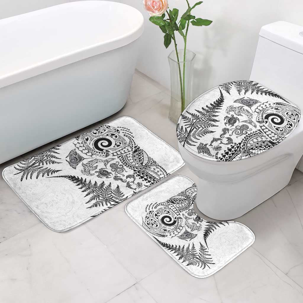 New Zealand Sea Animals Bathroom Set with Maori Koru Tribal Tattoo and Silver Ferns White Color