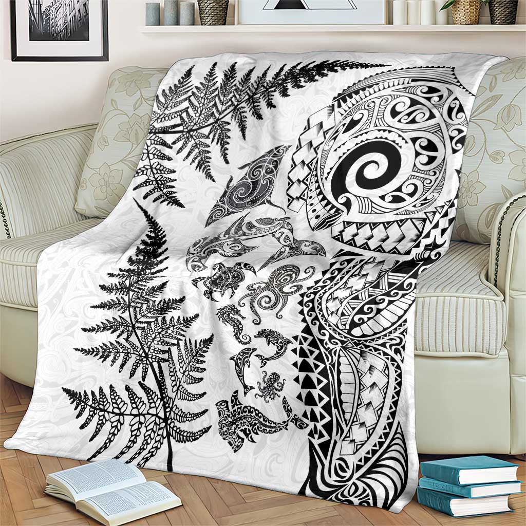 New Zealand Sea Animals Blanket with Maori Koru Tribal Tattoo and Silver Ferns White Color