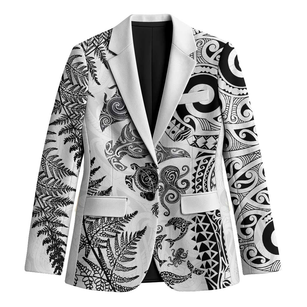 New Zealand Sea Animals Blazer with Maori Koru Tribal Tattoo and Silver Ferns White Color