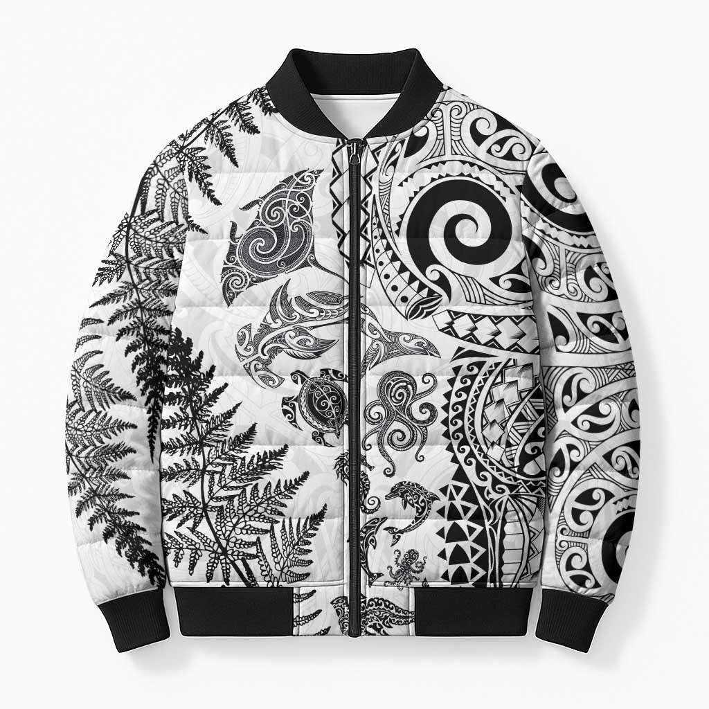 New Zealand Sea Animals Bomber Puffer Jacket with Maori Koru Tribal Tattoo and Silver Ferns White Color