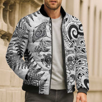 New Zealand Sea Animals Bomber Puffer Jacket with Maori Koru Tribal Tattoo and Silver Ferns White Color