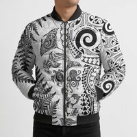 New Zealand Sea Animals Bomber Puffer Jacket with Maori Koru Tribal Tattoo and Silver Ferns White Color