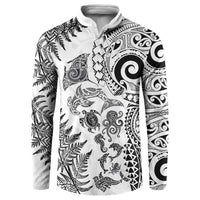 New Zealand Sea Animals Button Sweatshirt with Maori Koru Tribal Tattoo and Silver Ferns White Color