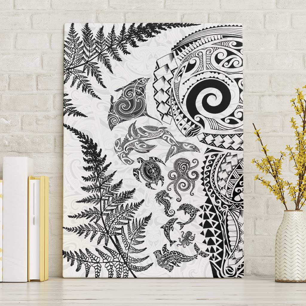 New Zealand Sea Animals Canvas Wall Art with Maori Koru Tribal Tattoo and Silver Ferns White Color LT03 Without Frame White - Polynesian Pride