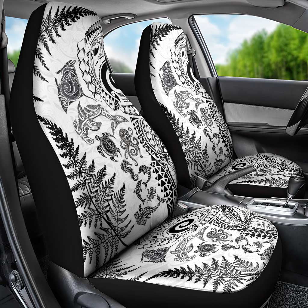 New Zealand Sea Animals Car Seat Cover with Maori Koru Tribal Tattoo and Silver Ferns White Color