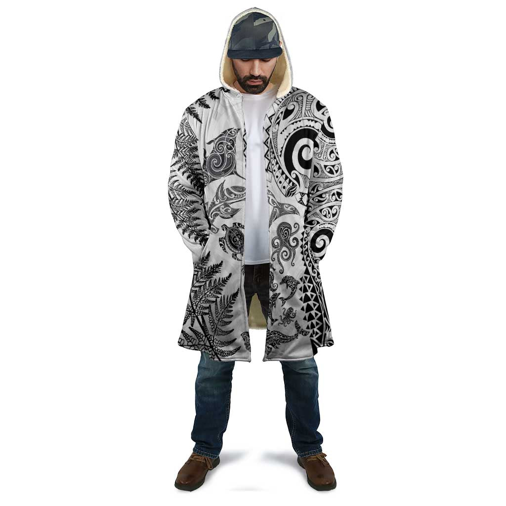 New Zealand Sea Animals Cloak with Maori Koru Tribal Tattoo and Silver Ferns White Color