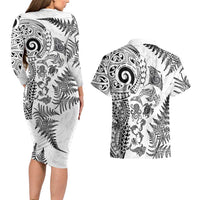 New Zealand Sea Animals Couples Matching Long Sleeve Bodycon Dress and Hawaiian Shirt with Maori Koru Tribal Tattoo and Silver Ferns White Color