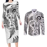 New Zealand Sea Animals Couples Matching Long Sleeve Bodycon Dress and Long Sleeve Button Shirt with Maori Koru Tribal Tattoo and Silver Ferns White Color
