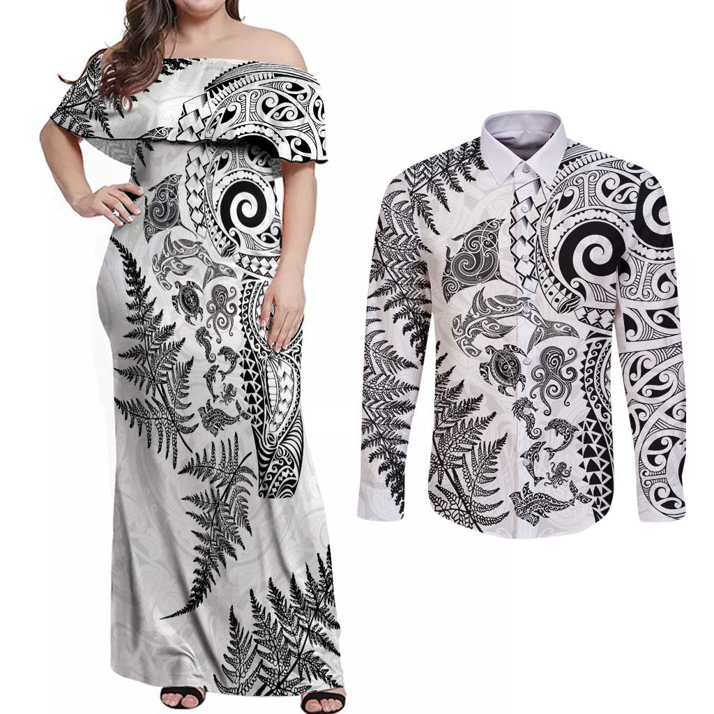 New Zealand Sea Animals Couples Matching Off Shoulder Maxi Dress and Long Sleeve Button Shirt with Maori Koru Tribal Tattoo and Silver Ferns White Color LT03 White - Polynesian Pride