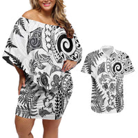 New Zealand Sea Animals Couples Matching Off Shoulder Short Dress and Hawaiian Shirt with Maori Koru Tribal Tattoo and Silver Ferns White Color