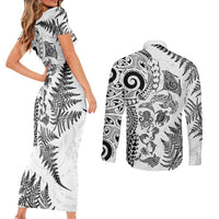 New Zealand Sea Animals Couples Matching Short Sleeve Bodycon Dress and Long Sleeve Button Shirt with Maori Koru Tribal Tattoo and Silver Ferns White Color