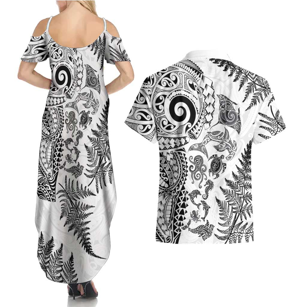 New Zealand Sea Animals Couples Matching Summer Maxi Dress and Hawaiian Shirt with Maori Koru Tribal Tattoo and Silver Ferns White Color
