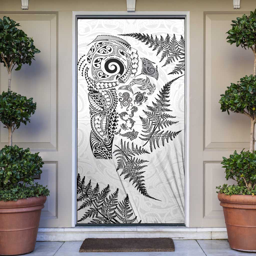 New Zealand Sea Animals Door Cover with Maori Koru Tribal Tattoo and Silver Ferns White Color