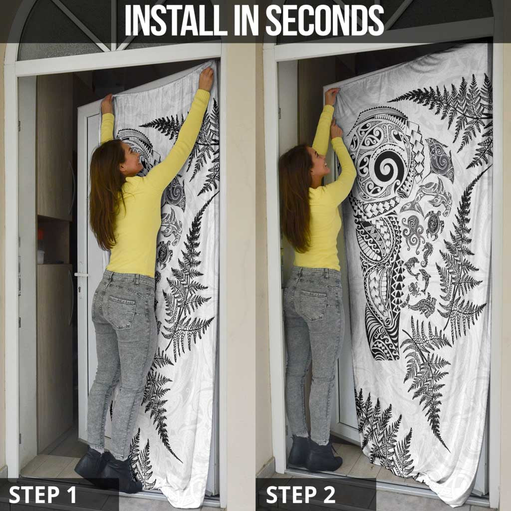 New Zealand Sea Animals Door Cover with Maori Koru Tribal Tattoo and Silver Ferns White Color