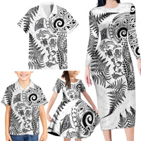 New Zealand Sea Animals Family Matching Long Sleeve Bodycon Dress and Hawaiian Shirt with Maori Koru Tribal Tattoo and Silver Ferns White Color