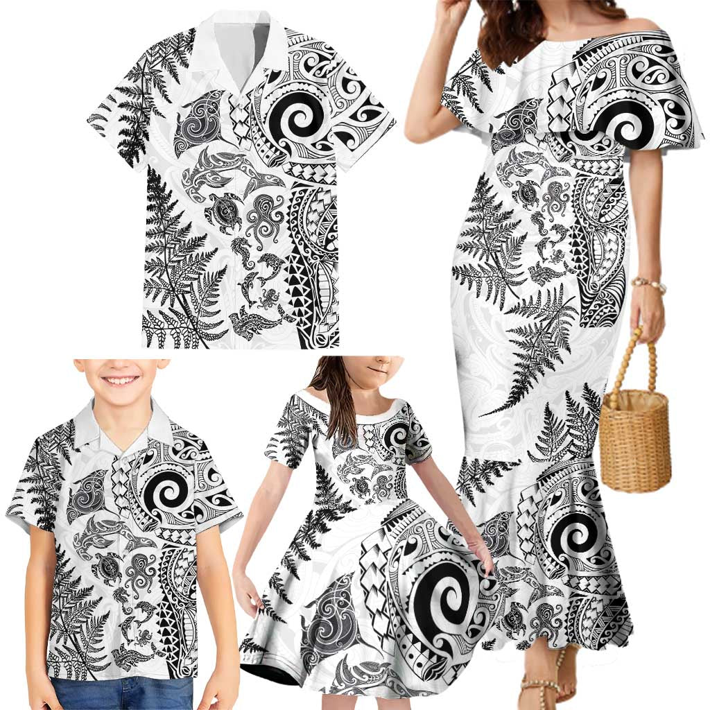 New Zealand Sea Animals Family Matching Mermaid Dress and Hawaiian Shirt with Maori Koru Tribal Tattoo and Silver Ferns White Color