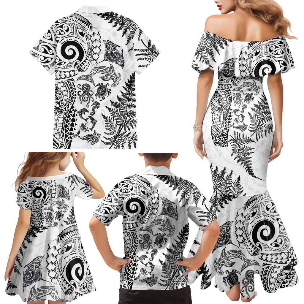 New Zealand Sea Animals Family Matching Mermaid Dress and Hawaiian Shirt with Maori Koru Tribal Tattoo and Silver Ferns White Color