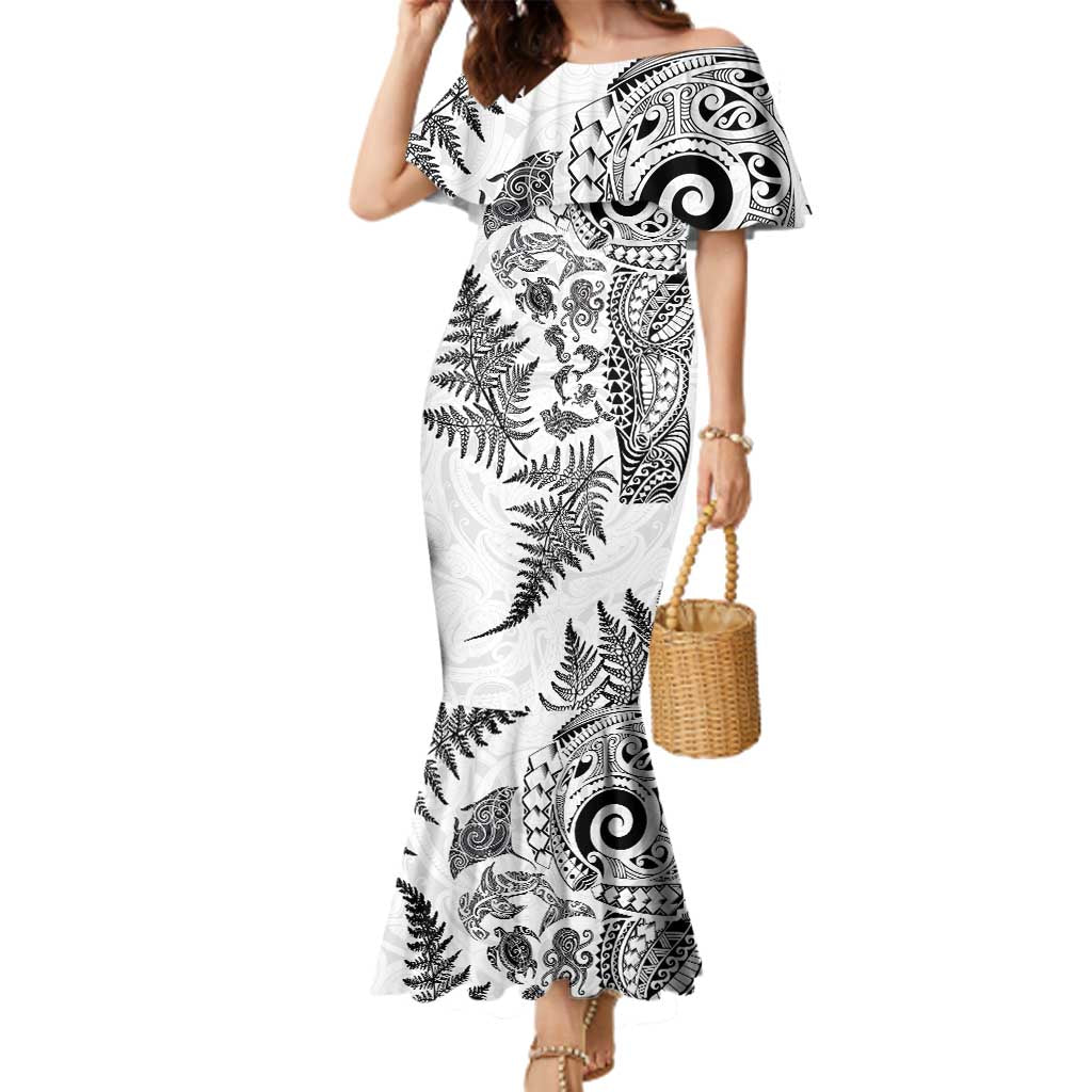 New Zealand Sea Animals Family Matching Mermaid Dress and Hawaiian Shirt with Maori Koru Tribal Tattoo and Silver Ferns White Color