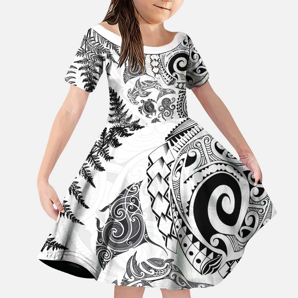 New Zealand Sea Animals Family Matching Off Shoulder Short Dress and Hawaiian Shirt with Maori Koru Tribal Tattoo and Silver Ferns White Color