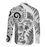 New Zealand Sea Animals Family Matching Off Shoulder Short Dress and Hawaiian Shirt with Maori Koru Tribal Tattoo and Silver Ferns White Color