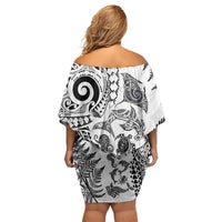 New Zealand Sea Animals Family Matching Off Shoulder Short Dress and Hawaiian Shirt with Maori Koru Tribal Tattoo and Silver Ferns White Color