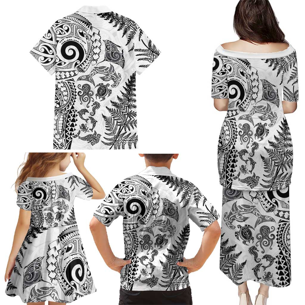New Zealand Sea Animals Family Matching Puletasi and Hawaiian Shirt with Maori Koru Tribal Tattoo and Silver Ferns White Color